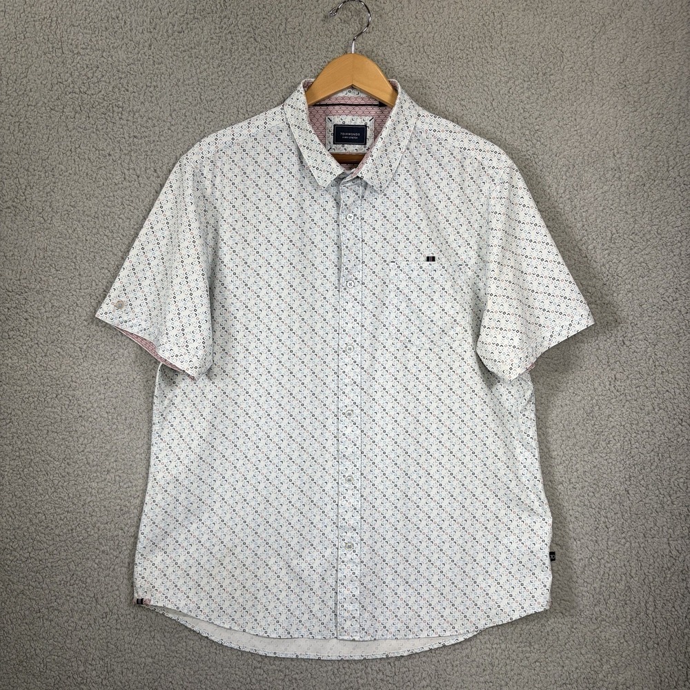 7 Diamonds Shirt Mens XL White 4 Way Stretch Woven Geometric Print Short Sleeve
